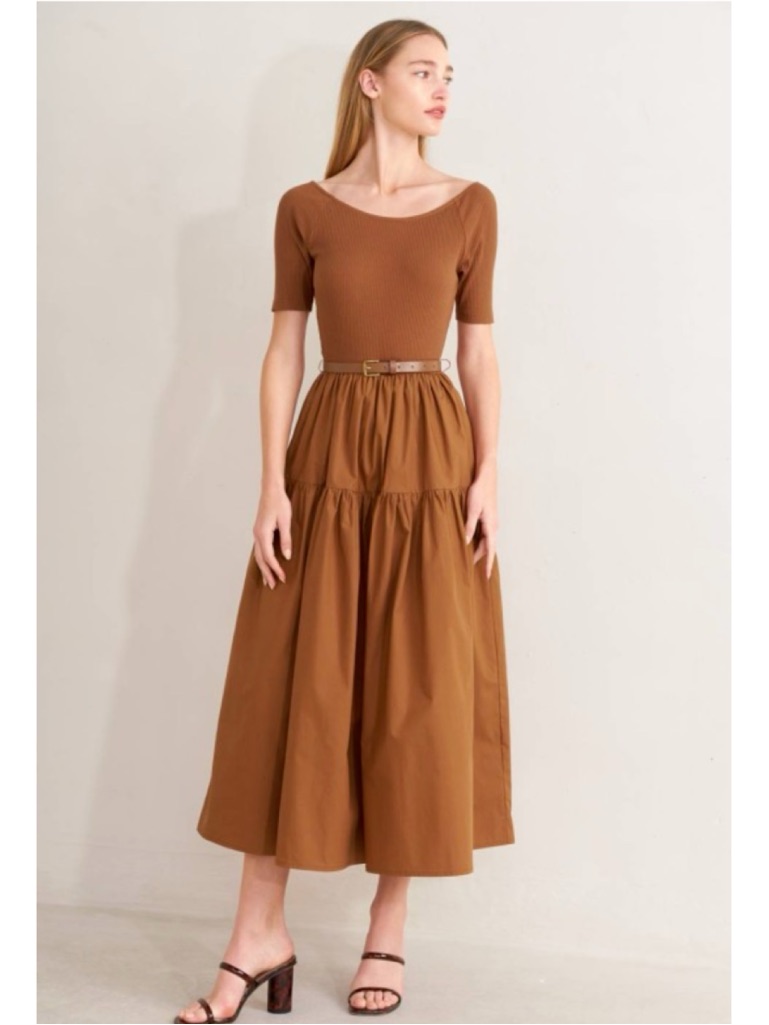 1284 Brown Cinnamon Cotton Tiered Full Skirt Dress Knit Bodice Round Neckline